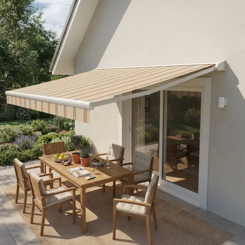 Toldo de brazo articulado extendido sobre una terraza